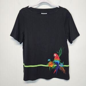 Vintage Fine Line Parrot Embroidered Shirt Top Size S Black Tropical Colorful